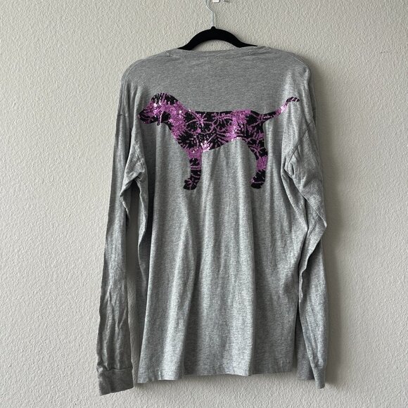 PINK Victoria's Secret Halloween Gray Dog Embellished Sequin Long Sleeve Size M - Picture 1 of 7
